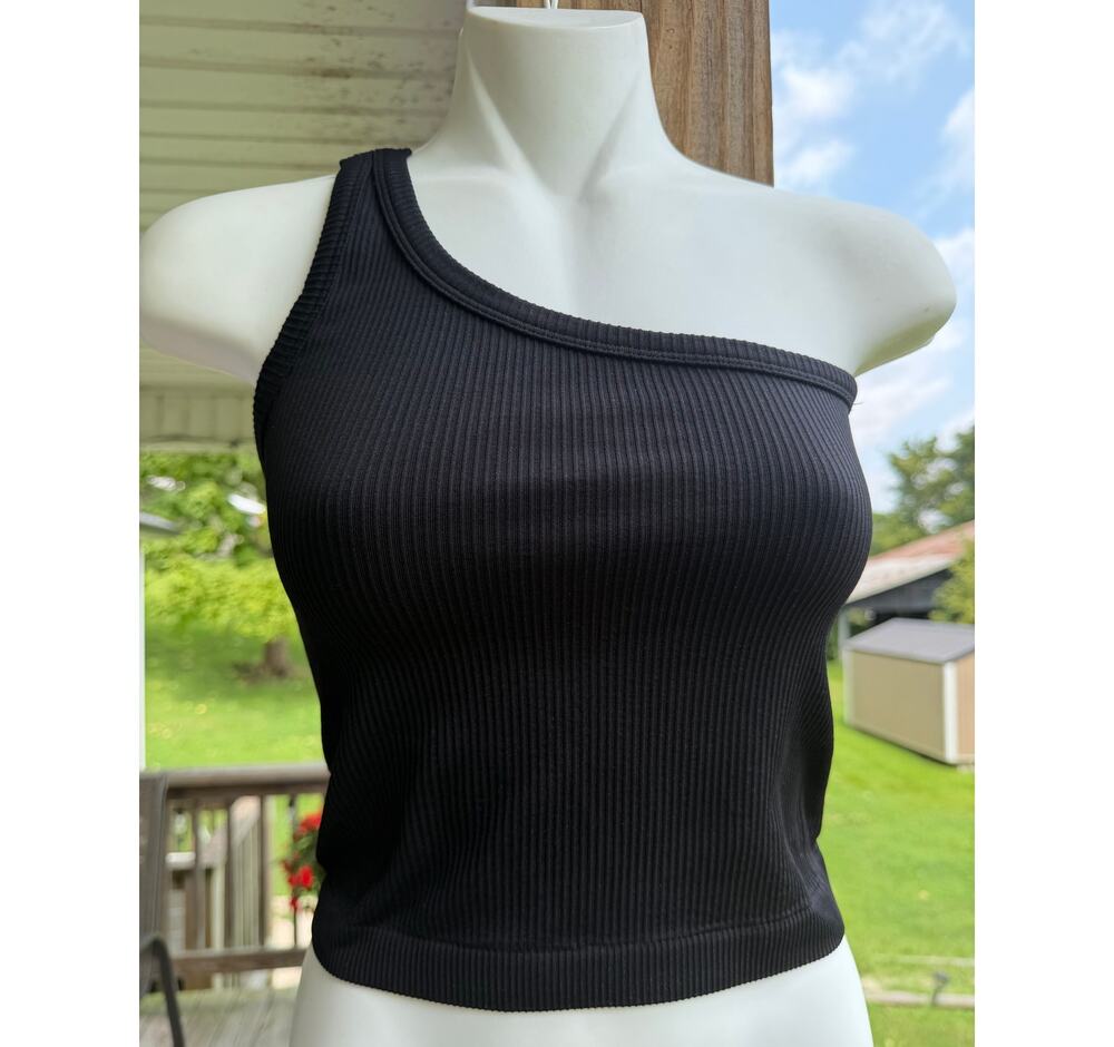 Fornia Seamless One Shoulder Black Ribbed Crop Top S/M Minimalist Y2K Clubwear